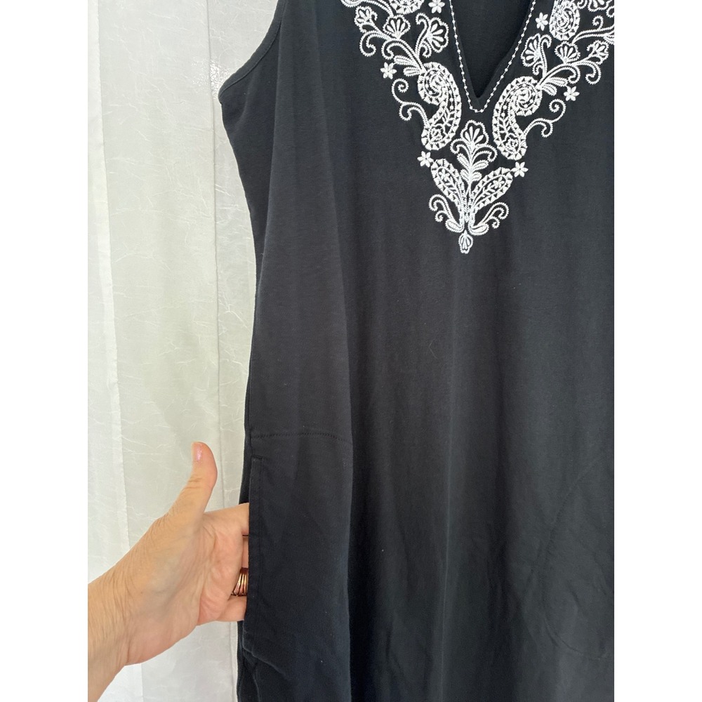Lands End Womens Black Cotton Embroidered Split Neck Sleeveless Shift Dress L - Picture 4 of 7